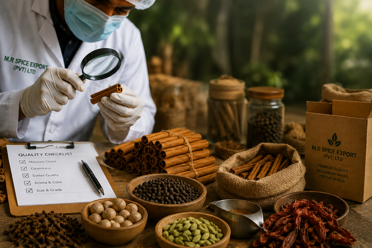 Quality inspector grading Ceylon cinnamon quills at an export facility